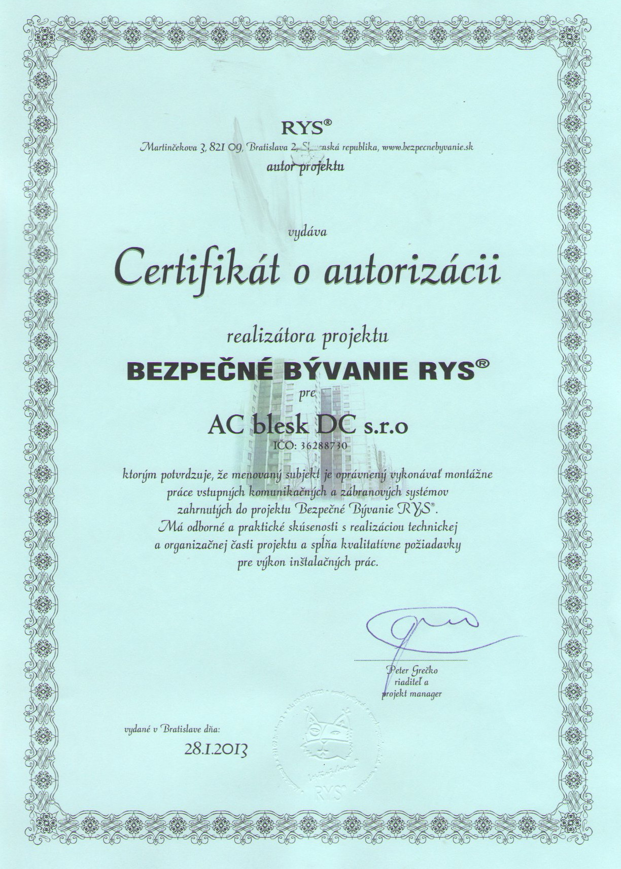Certifikát - Bezpečné bývanie RYS